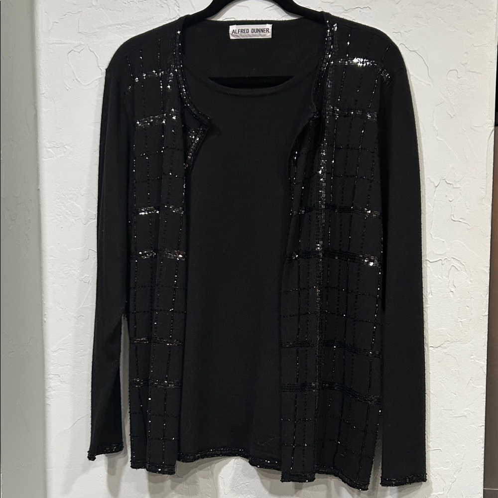 Alfred Dunner Black Sequin Embellished cardigan top w sewn in top